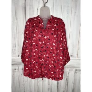 LANDS END PINK FLORAL SPLIT NECK BUTTON UP  3/4 BALLOON SLEEVE TUNIC SHIRT LARGE